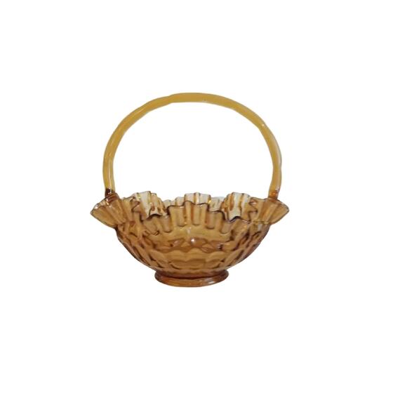 Fenton amber Glass Thumbprint Ruffle Basket with applied Handle - Picture 8 of 9